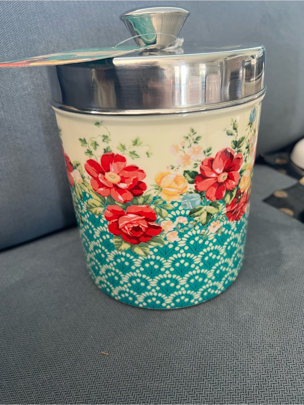 The Pioneer Woman Floral Ceramic Canister in Teal and Red